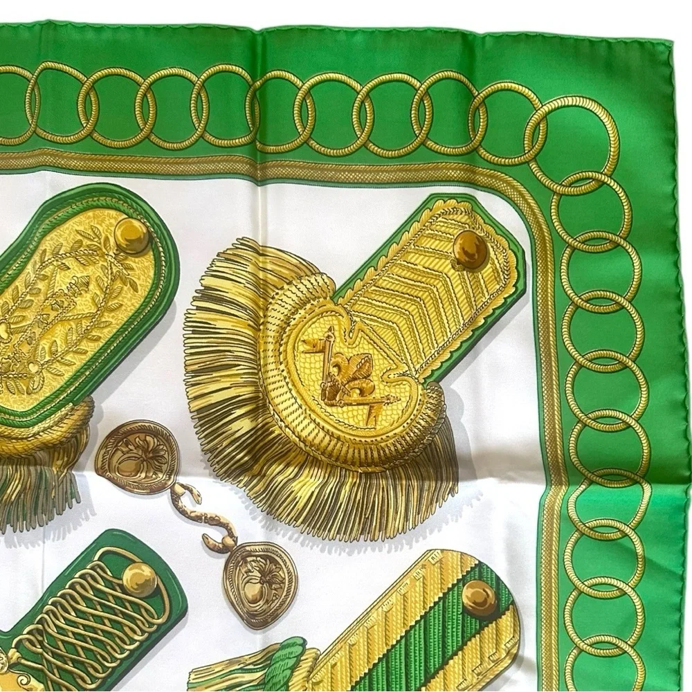 Hermès Paris Green & Gold Military Epaulettes Silk Scarf Carre 90 w/Box - Picture 7 of 13